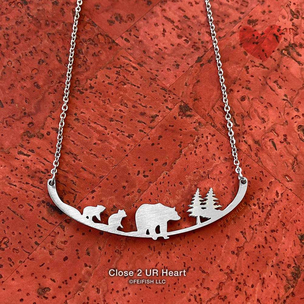 Close 2 UR Heart Stainless Steel Necklaces Mother Bear and 2 Cubs