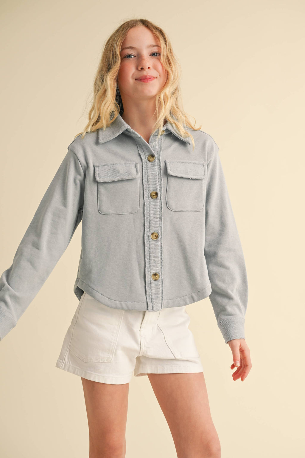 DOUBLE POCKET CROPPED SOFT SHACKET (7-14)