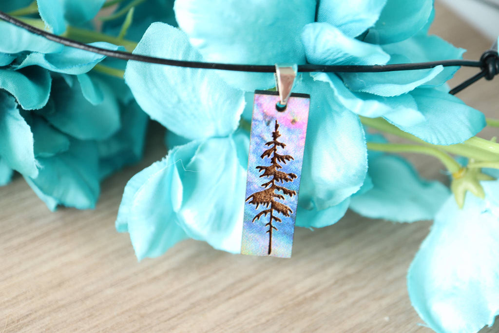 Aurora Pine Tree Engraved Pendant Necklace Wood