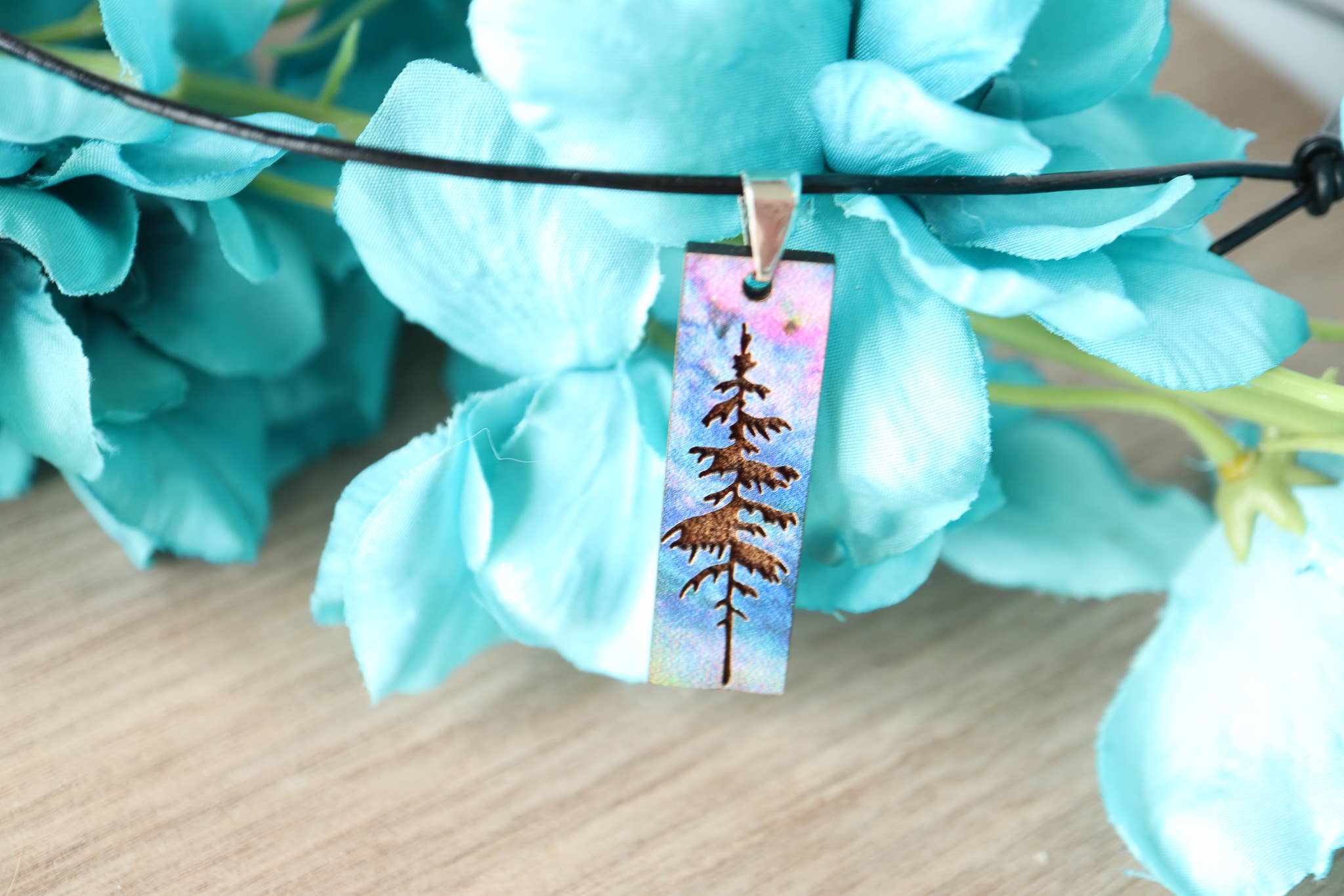 Aurora Pine Tree Engraved Pendant Necklace Wood