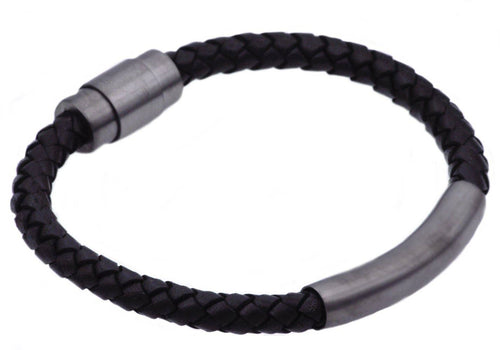 Men's Black Leather Gunmetal Stainless Steel ID Bracelet