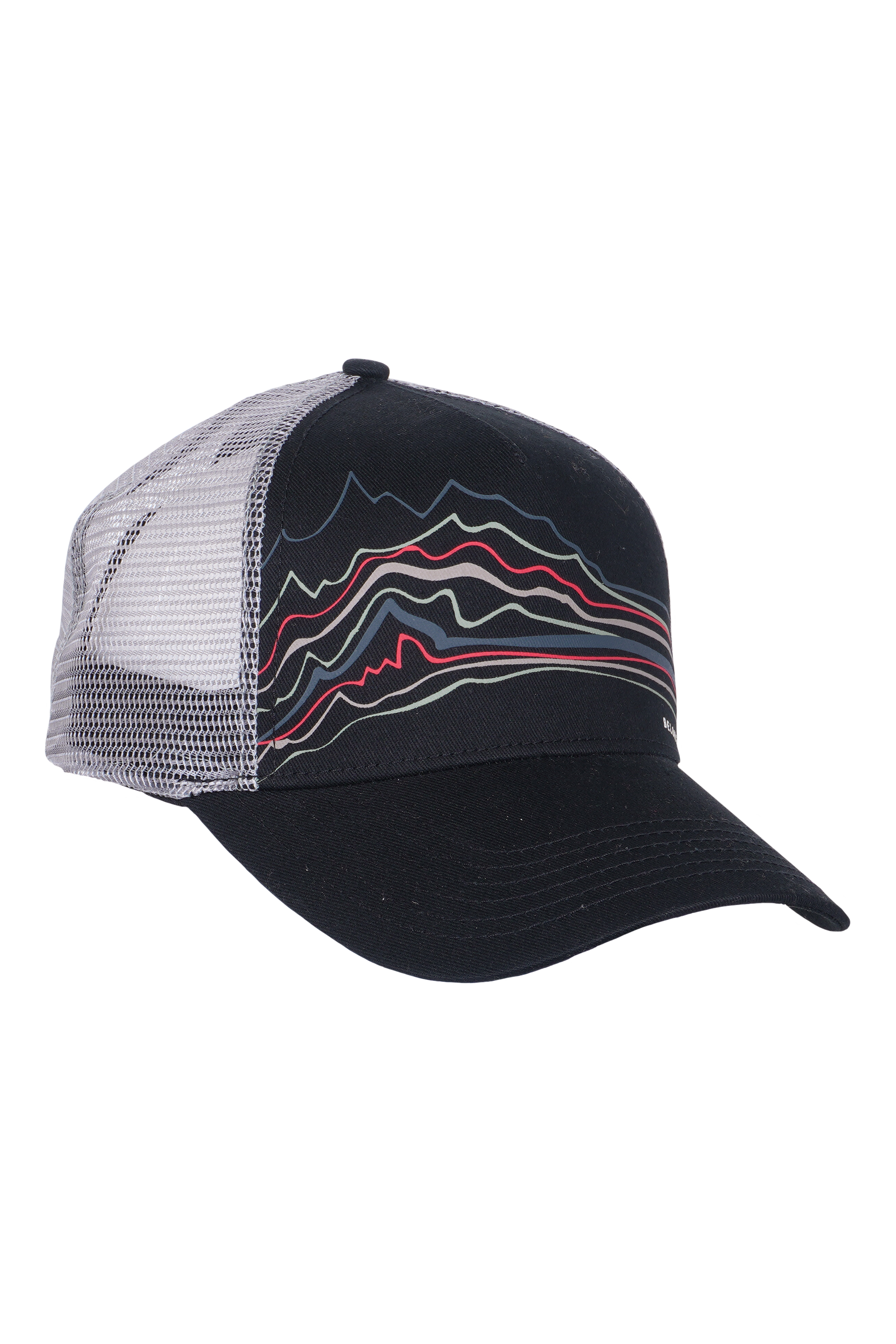 The Every Trail Trucker Hat by Belong Designs is a Black Mountain Brush trucker hat with a curved brim. The front panel showcases a vibrant wavy line design in shades of red, yellow, blue, and white with "BELONG" emblazoned prominently. The back and sides are made of breathable white mesh for added comfort.