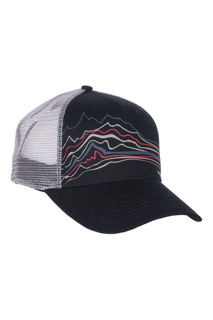 The Every Trail Trucker Hat by Belong Designs is a Black Mountain Brush trucker hat with a curved brim. The front panel showcases a vibrant wavy line design in shades of red, yellow, blue, and white with "BELONG" emblazoned prominently. The back and sides are made of breathable white mesh for added comfort.
