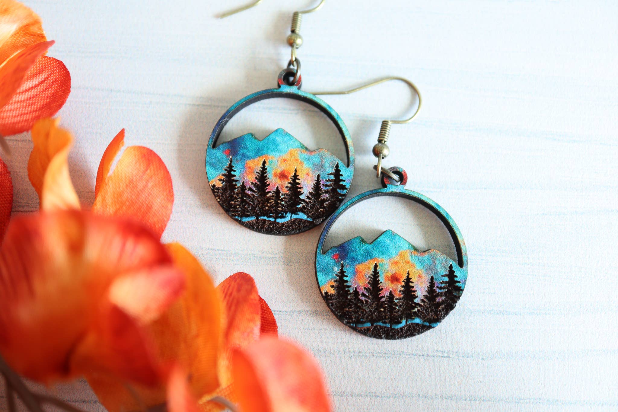 Ember Sunset Mountain Wood Dangle Earrings