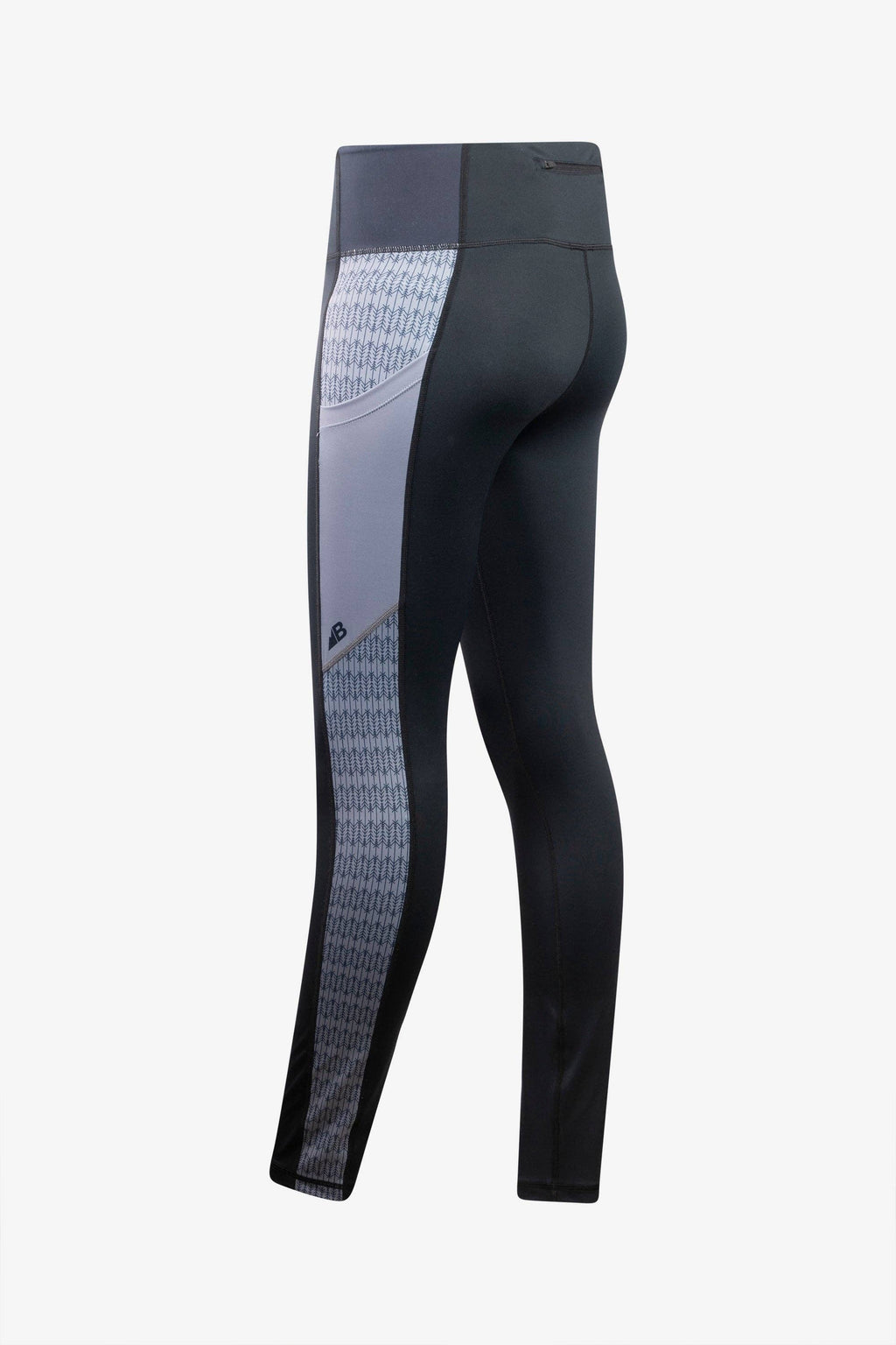 A pair of Trailhead Leggings in black and gray from Belong Designs, featuring a high waistband and vertical striped pattern on the side panels from waistband to ankle. Crafted from smooth and stretchy PrimaFlex material, these leggings are perfect for both athletic and casual wear. They also come with multiple pockets for added convenience.