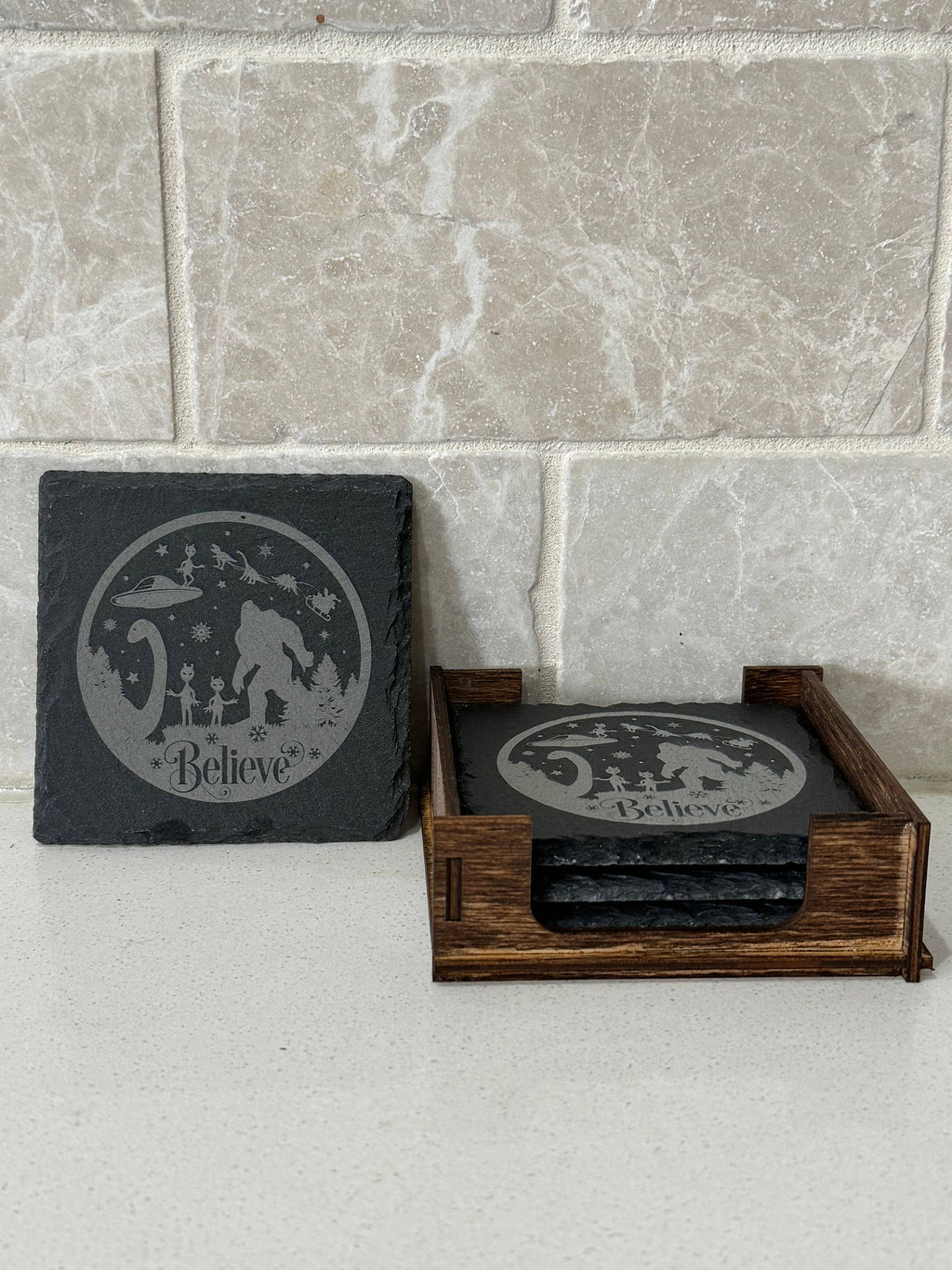 Set Of 4 Slate Coasters W/Wood Stand-Believe CryptidDesign