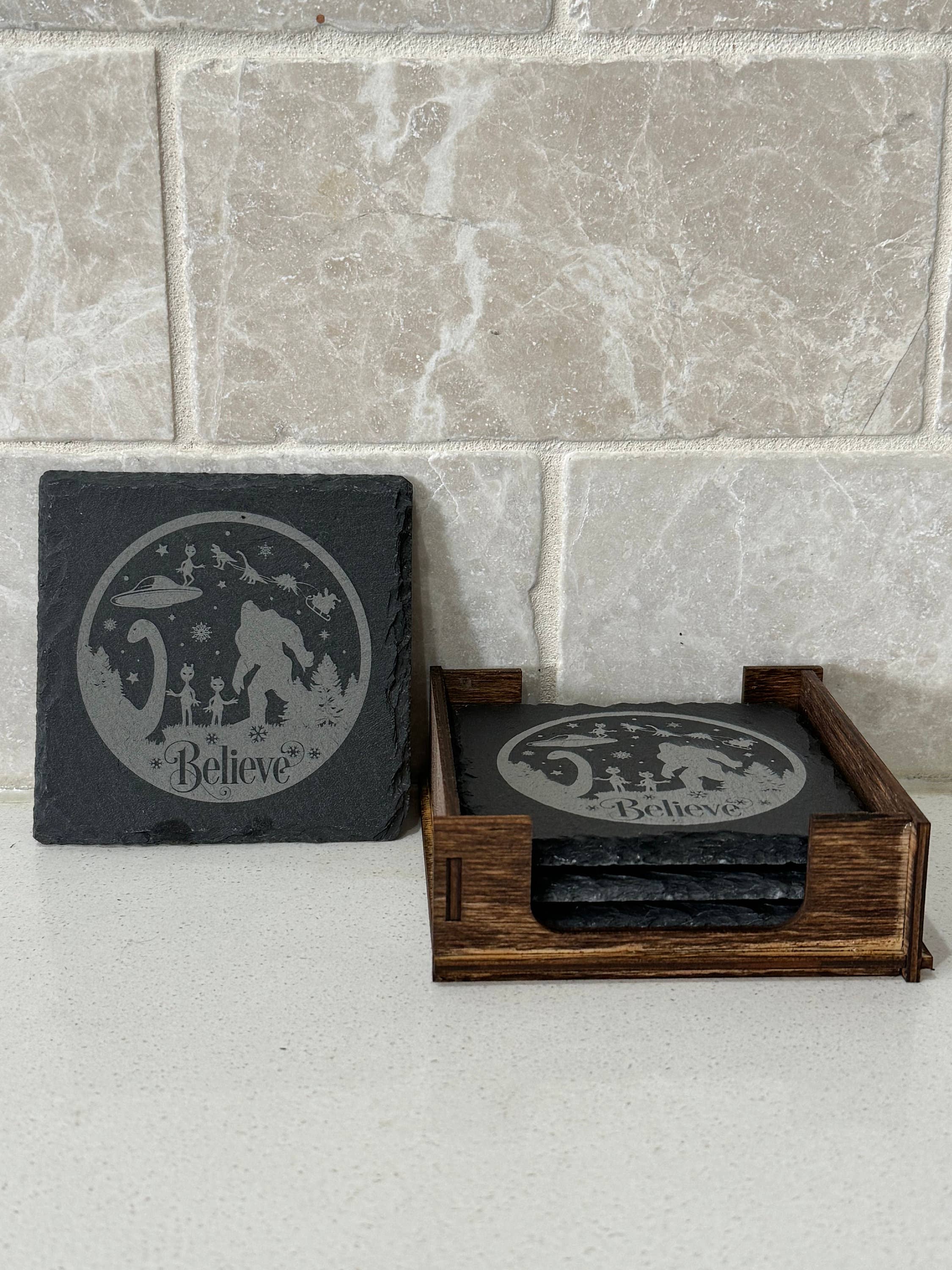 Set Of 4 Slate Coasters W/Wood Stand-Believe CryptidDesign