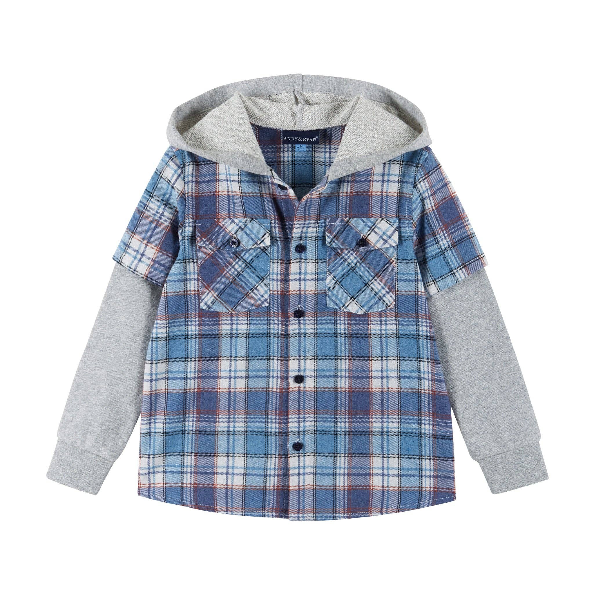 Kids Plaid Flannel Terry Twofer Hoodie Blue