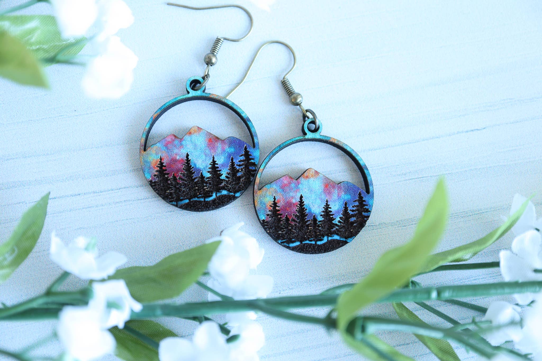 Wanderlust Sunset Mountain Wooden Stud Dangle Earrings