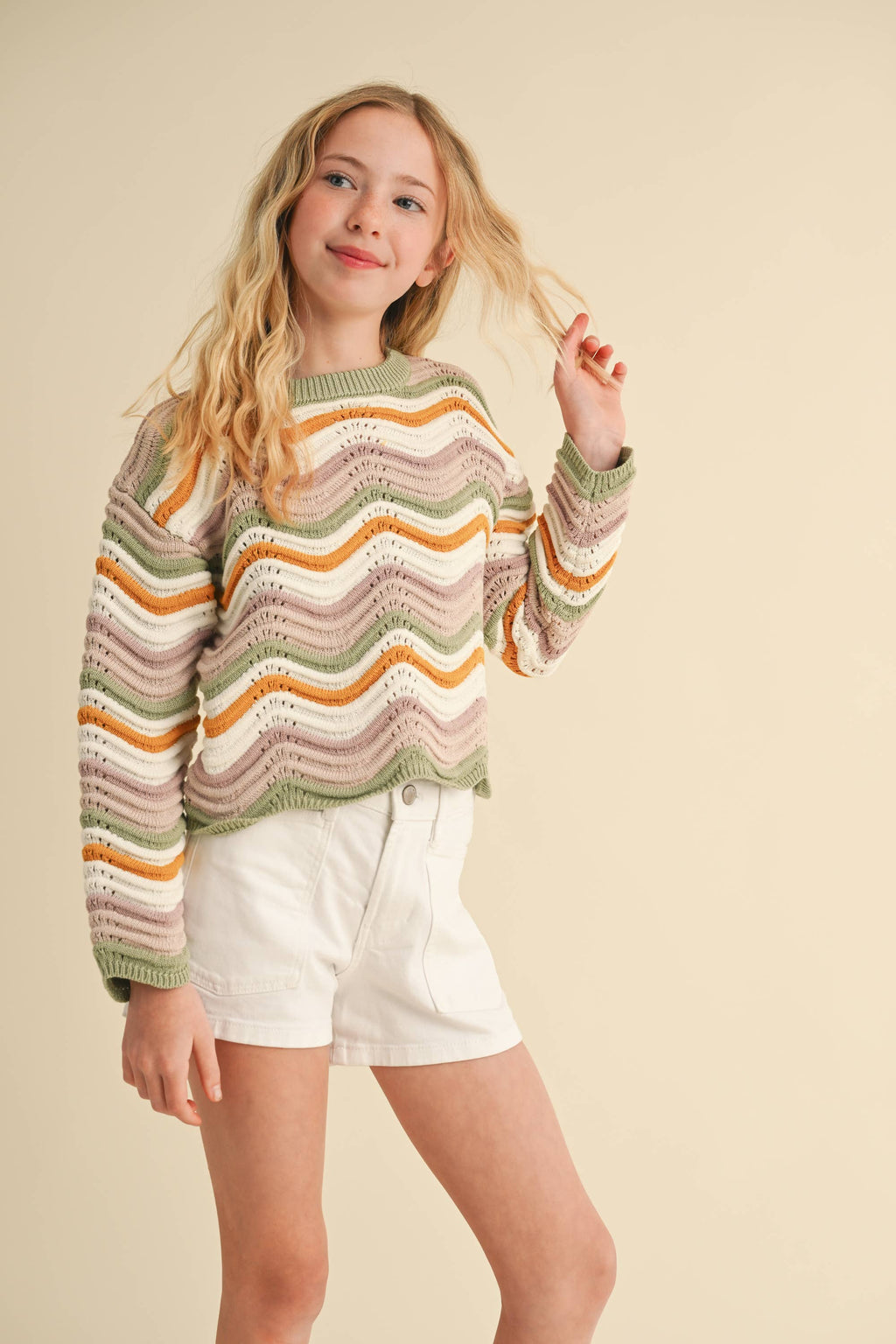 TWEEN GIRLS KIDS CREW NECK WAVY RIB KNIT PULL OVER (7-14)