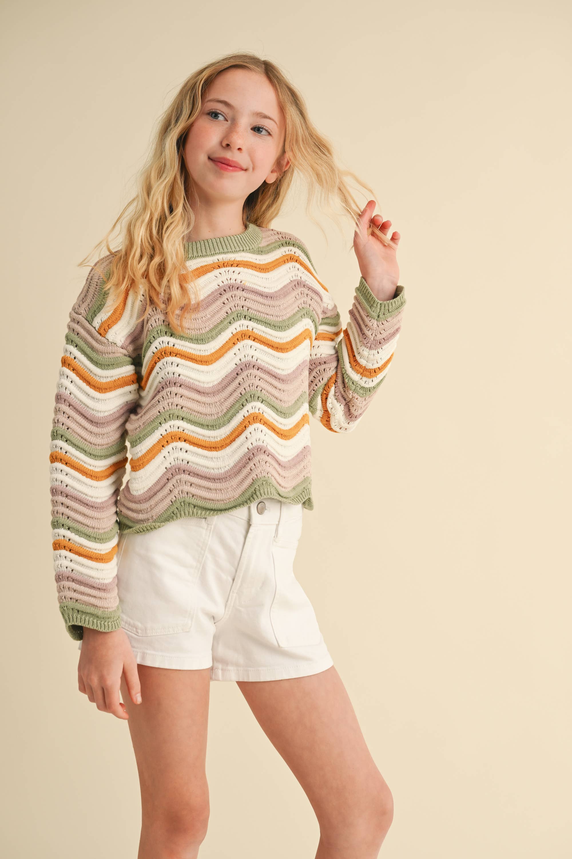 TWEEN GIRLS KIDS CREW NECK WAVY RIB KNIT PULL OVER (7-14)