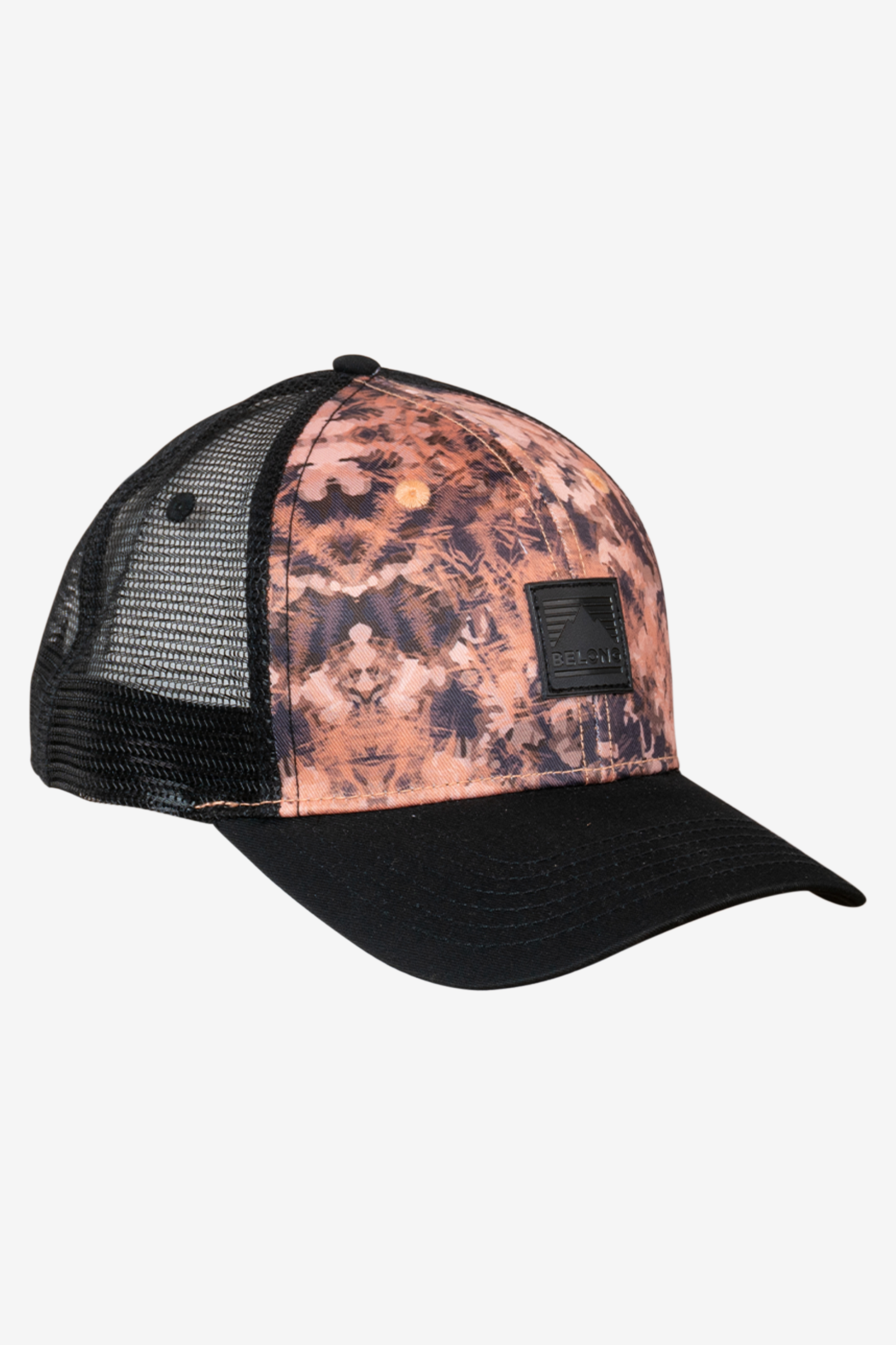 The Every Trail Trucker Hat by Belong Designs is a Black Mountain Brush trucker hat with a curved brim. The front panel showcases a vibrant wavy line design in shades of red, yellow, blue, and white with "BELONG" emblazoned prominently. The back and sides are made of breathable white mesh for added comfort.