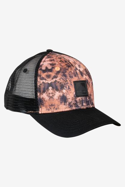 The Every Trail Trucker Hat by Belong Designs is a Black Mountain Brush trucker hat with a curved brim. The front panel showcases a vibrant wavy line design in shades of red, yellow, blue, and white with "BELONG" emblazoned prominently. The back and sides are made of breathable white mesh for added comfort.