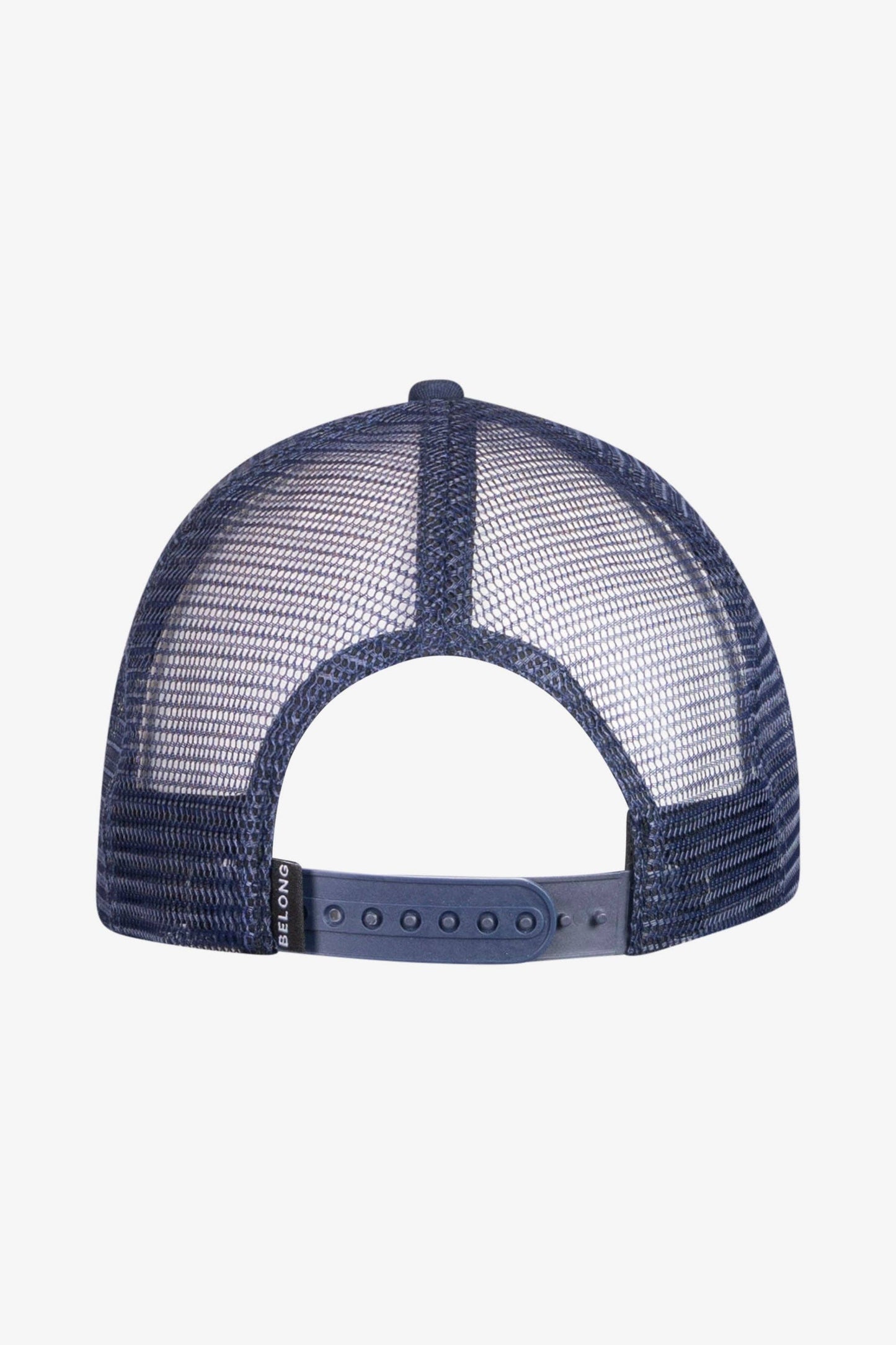 The Every Trail Trucker Hat by Belong Designs is a Black Mountain Brush trucker hat with a curved brim. The front panel showcases a vibrant wavy line design in shades of red, yellow, blue, and white with "BELONG" emblazoned prominently. The back and sides are made of breathable white mesh for added comfort.
