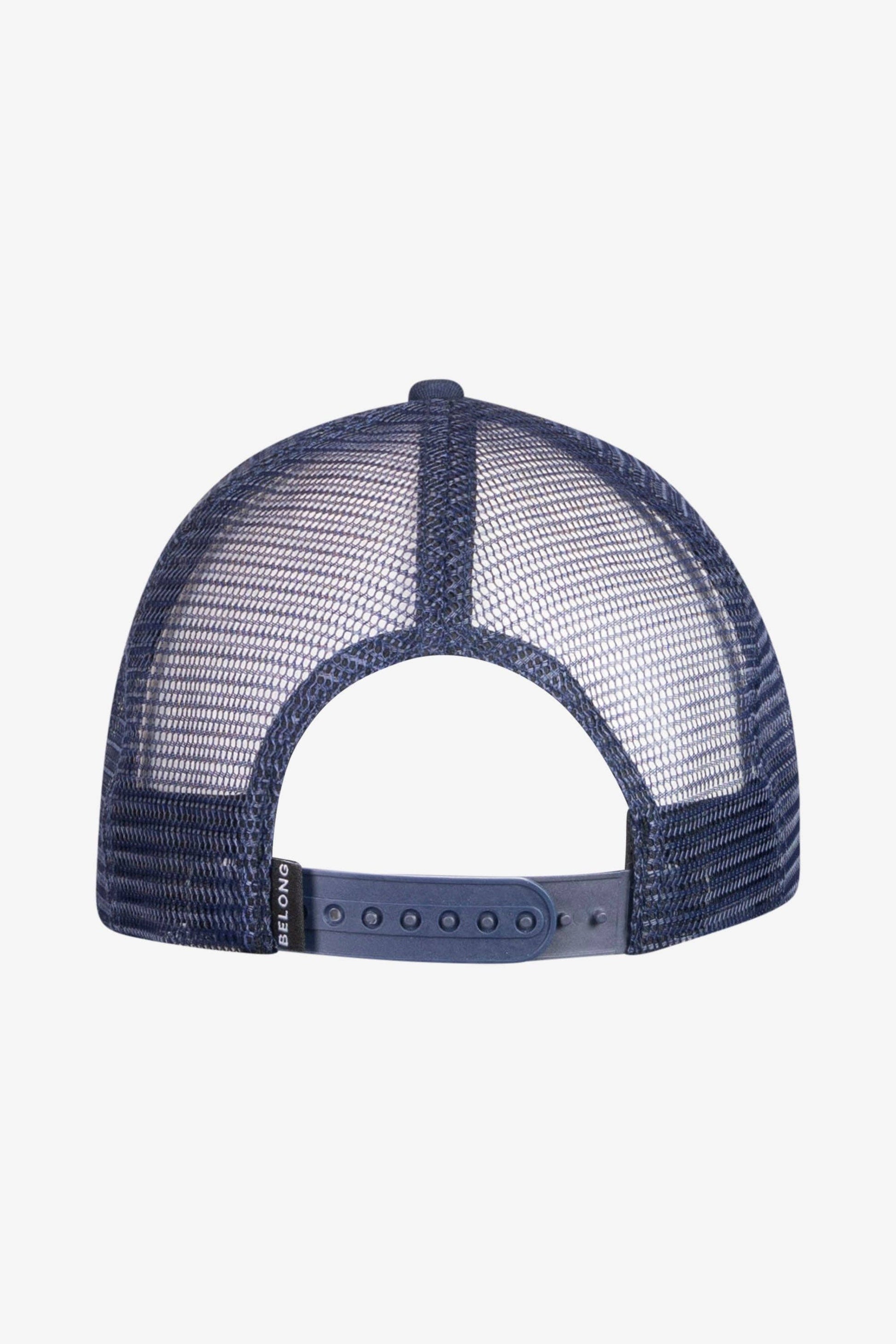 The Every Trail Trucker Hat by Belong Designs is a Black Mountain Brush trucker hat with a curved brim. The front panel showcases a vibrant wavy line design in shades of red, yellow, blue, and white with "BELONG" emblazoned prominently. The back and sides are made of breathable white mesh for added comfort.