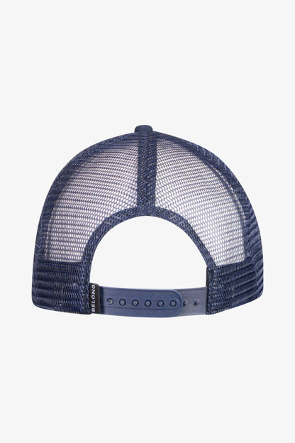 The Every Trail Trucker Hat by Belong Designs is a Black Mountain Brush trucker hat with a curved brim. The front panel showcases a vibrant wavy line design in shades of red, yellow, blue, and white with "BELONG" emblazoned prominently. The back and sides are made of breathable white mesh for added comfort.
