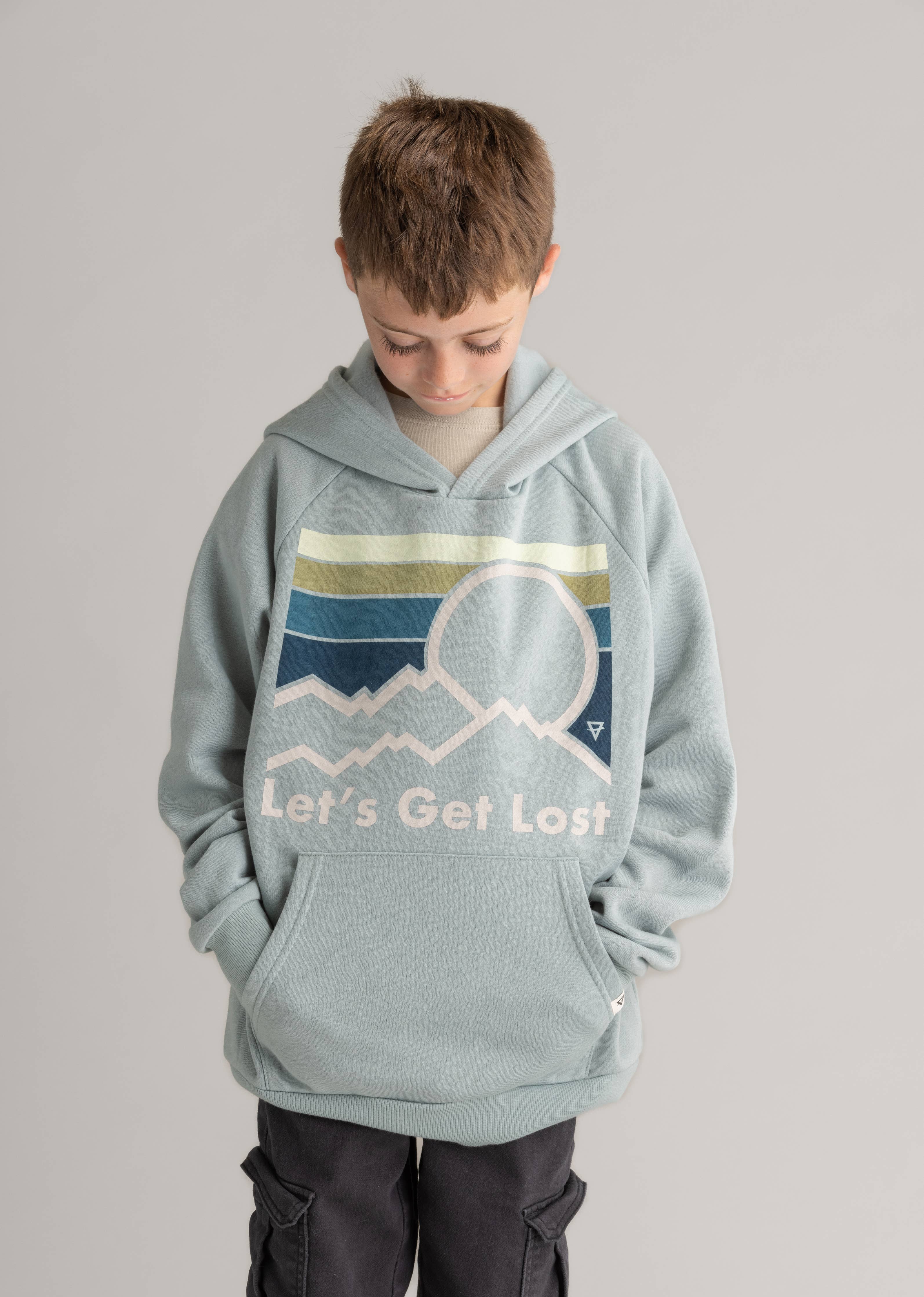 LIV Outdoor Boys Graphic Pullover Hoodie Aqua Gray Let's Get Lost