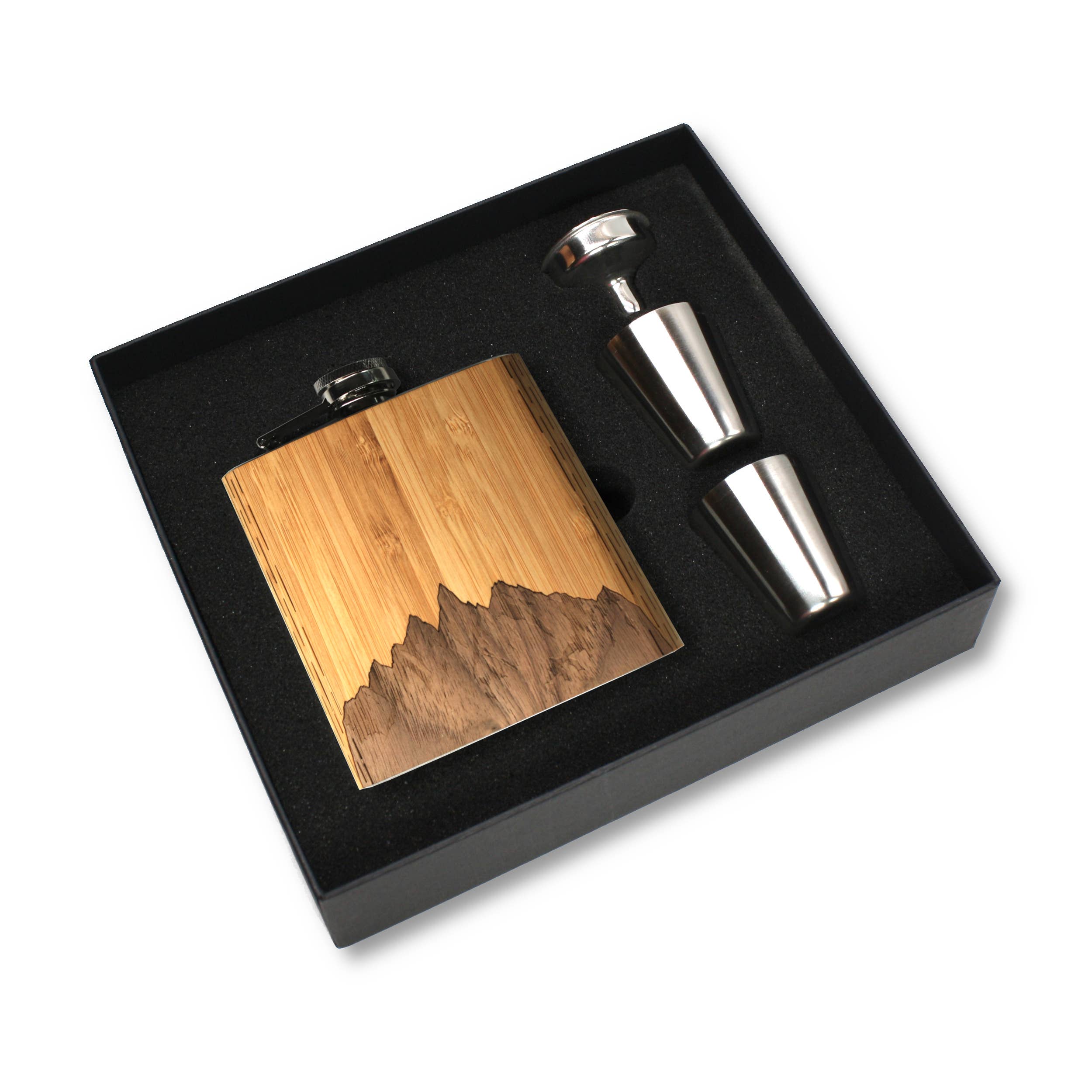 6 oz. Wooden Hip Flask & Gift Box with Shotglasses & Funnel Sawtooth Mountains Bamboo Sky