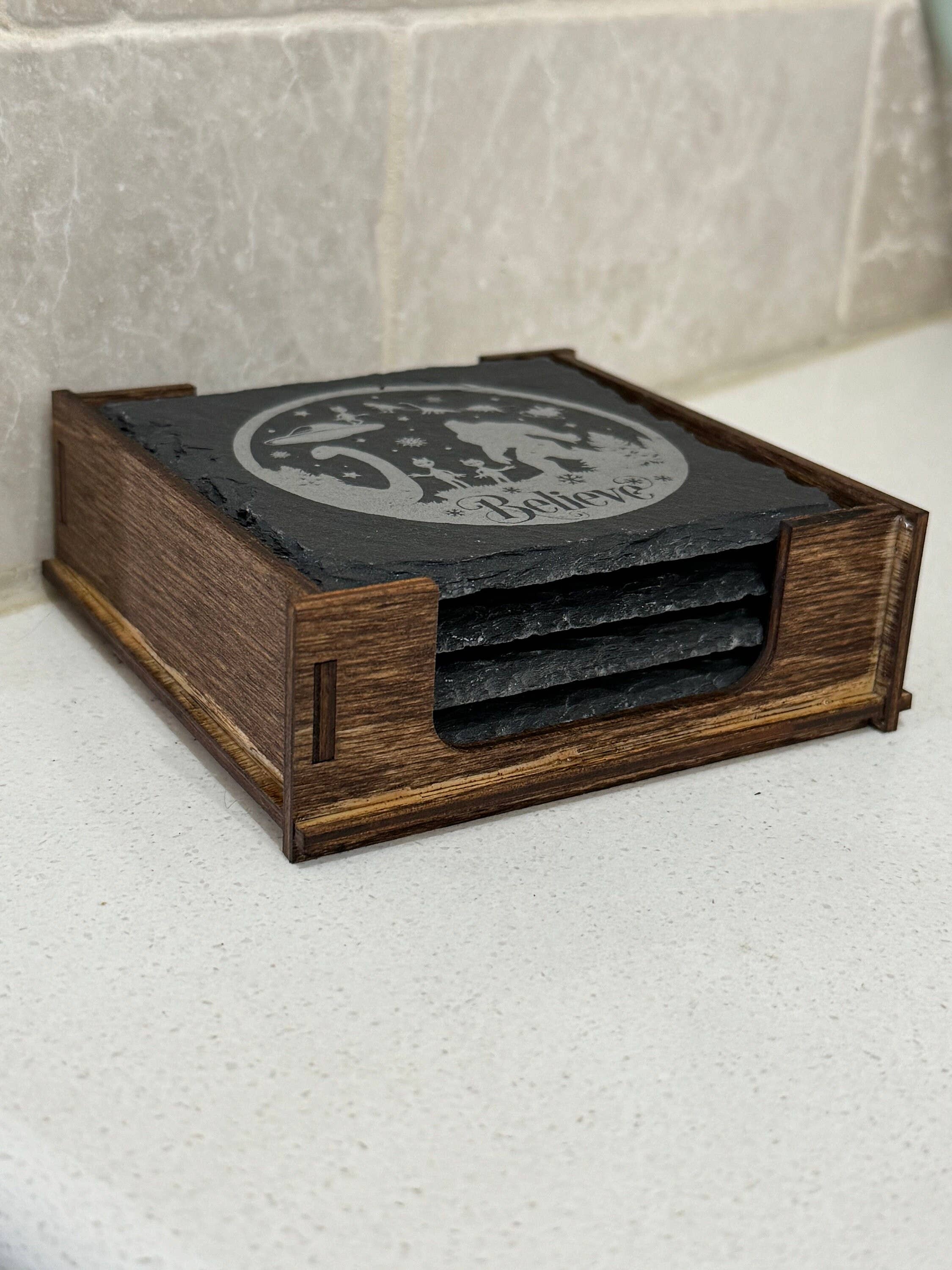 Set Of 4 Slate Coasters W/Wood Stand-Believe CryptidDesign
