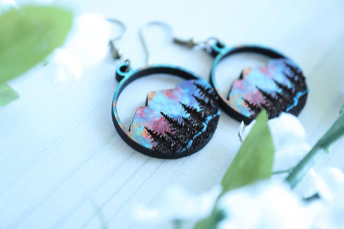 Wanderlust Sunset Mountain Wooden Stud Dangle Earrings