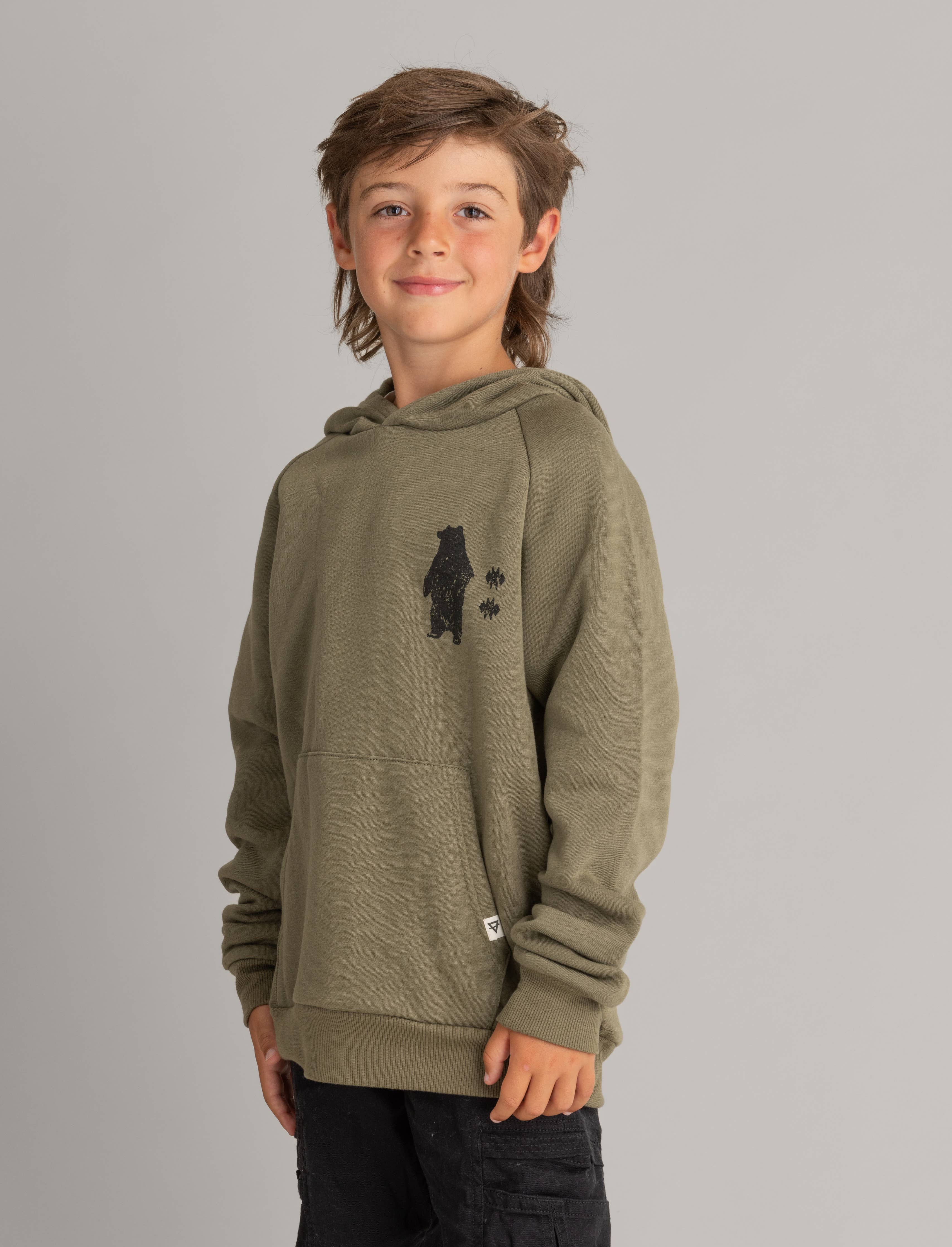 LIV Outdoor Boys Graphic Pullover Hoodie Burnt Olive Standing Bear