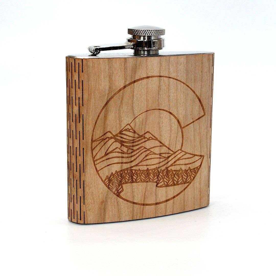 WUDN Handcrafted Colorado Landscape 6 oz. Wooden Hip Flask (Outdoor Adventure Series - Art by Ben McKenzie)