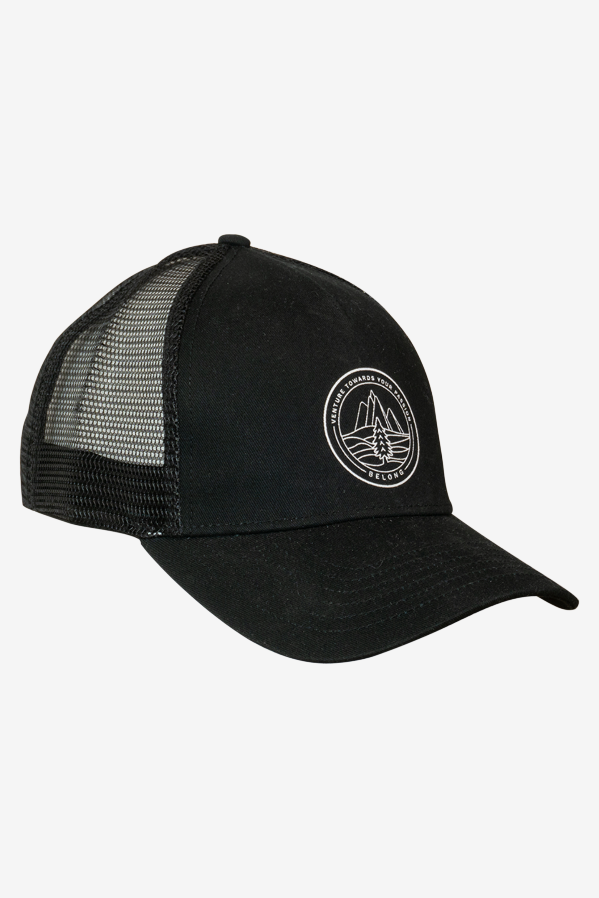 The Every Trail Trucker Hat by Belong Designs is a Black Mountain Brush trucker hat with a curved brim. The front panel showcases a vibrant wavy line design in shades of red, yellow, blue, and white with "BELONG" emblazoned prominently. The back and sides are made of breathable white mesh for added comfort.