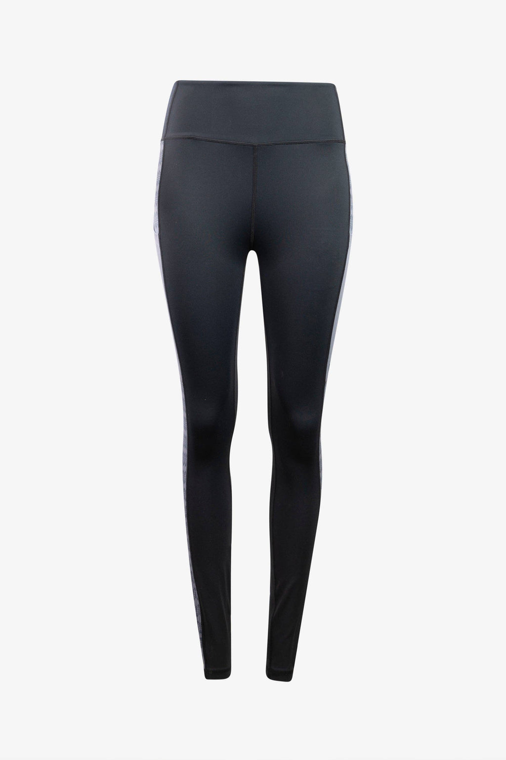 A pair of Trailhead Leggings in black and gray from Belong Designs, featuring a high waistband and vertical striped pattern on the side panels from waistband to ankle. Crafted from smooth and stretchy PrimaFlex material, these leggings are perfect for both athletic and casual wear. They also come with multiple pockets for added convenience.