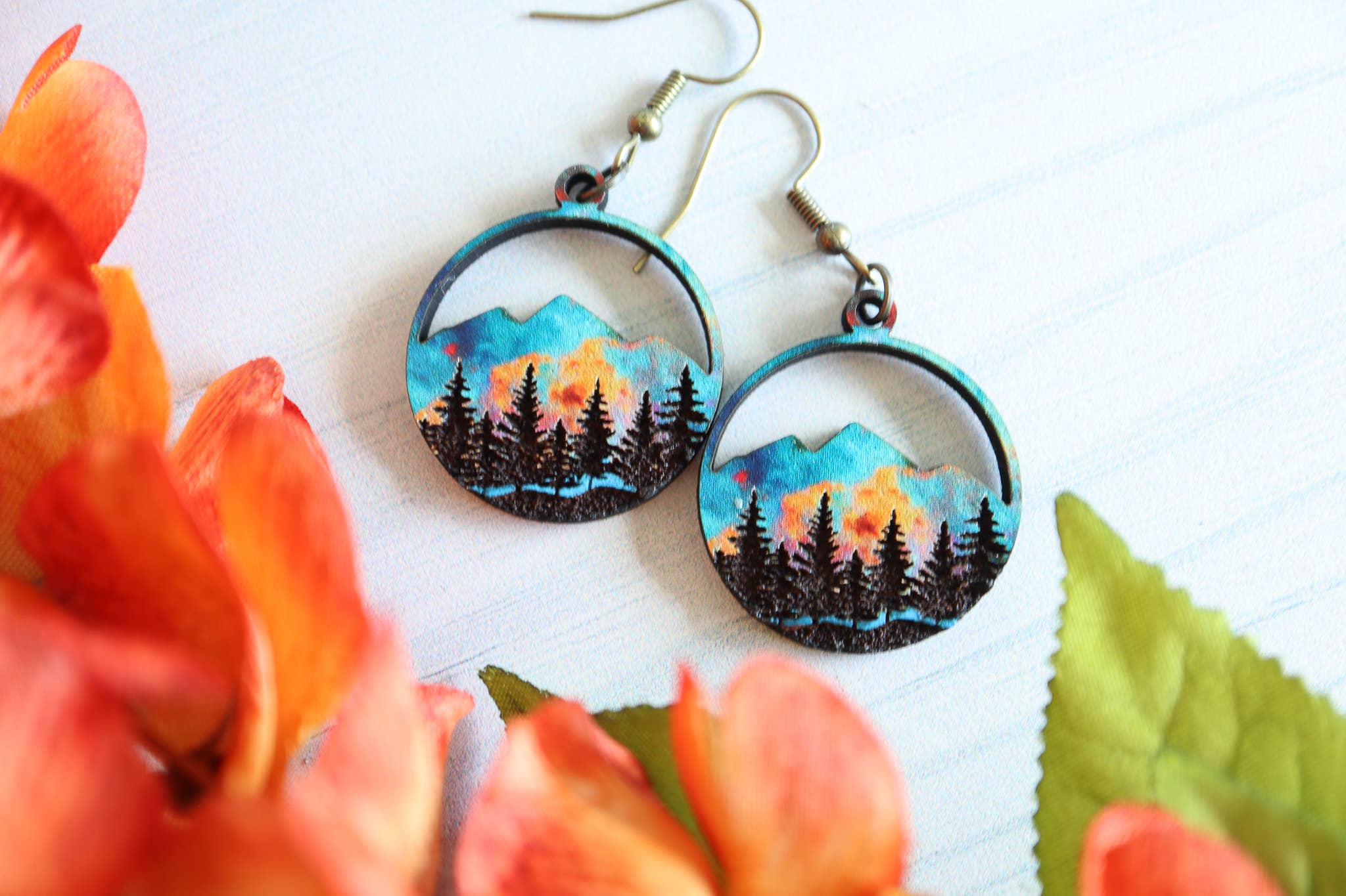 Ember Sunset Mountain Wood Dangle Earrings