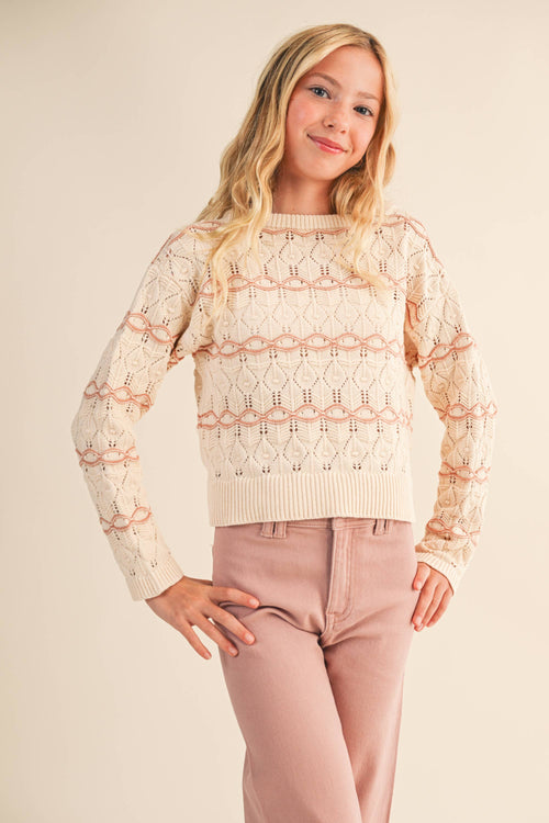 TWEEN GIRLS KIDS CREW NECK WAVY POINTELLE L/S SWEATER (7-14)