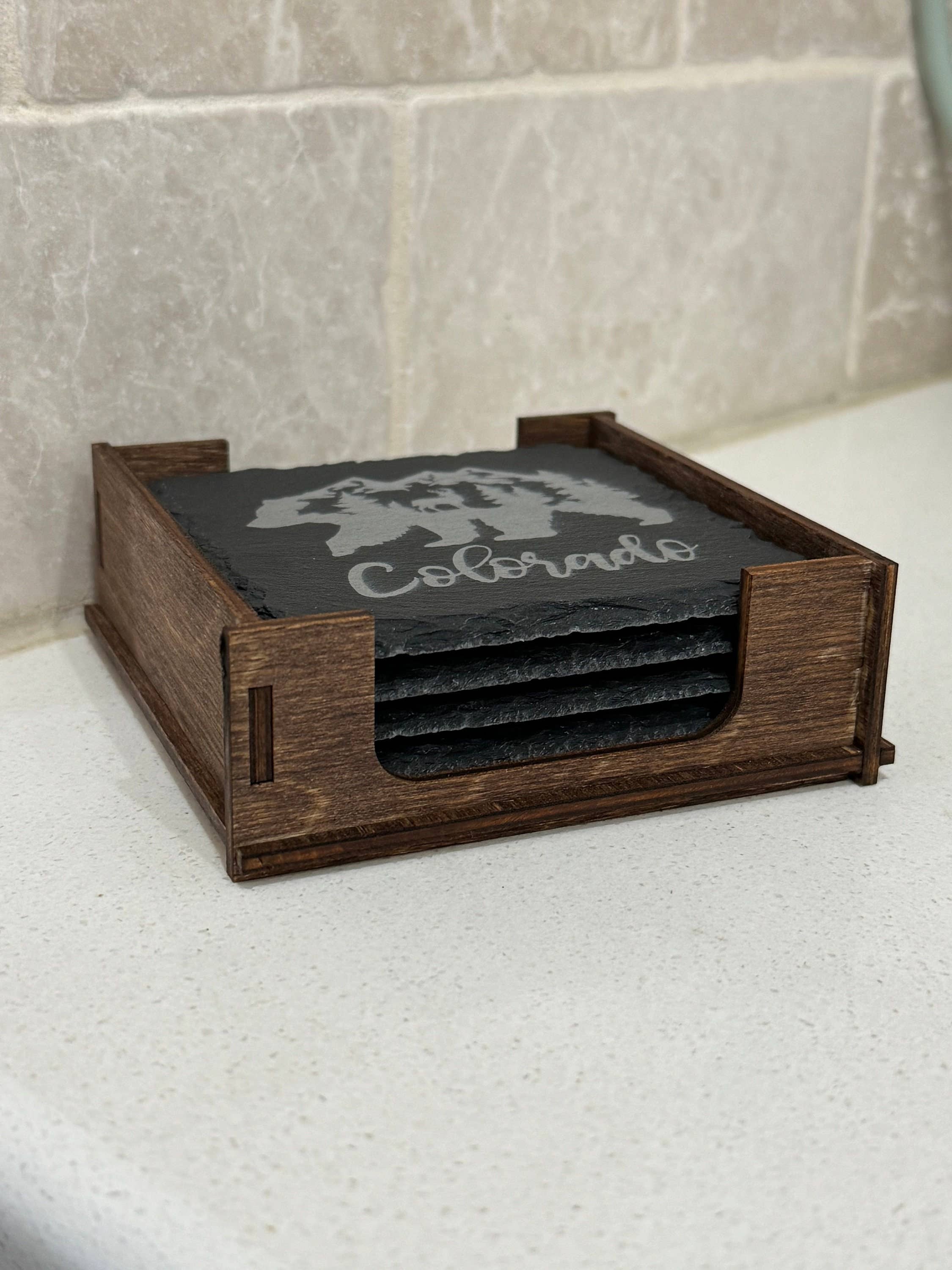 Set Of 4 Slate Coasters With Wood Stand - Bear Motif