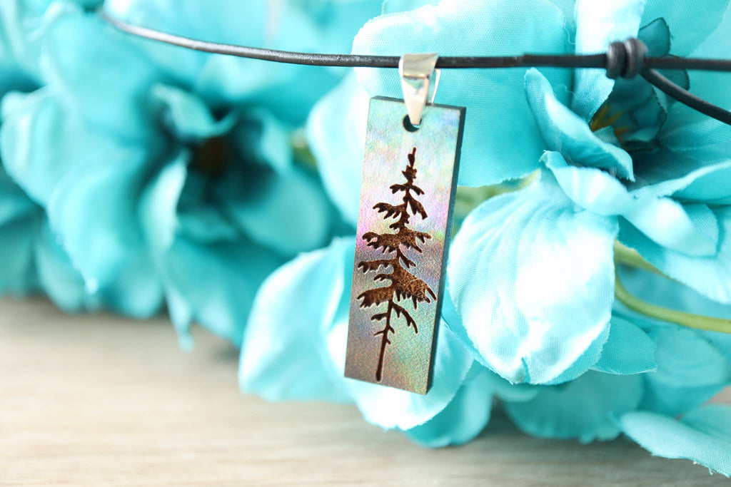 Aurora Pine Tree Engraved Pendant Necklace Wood