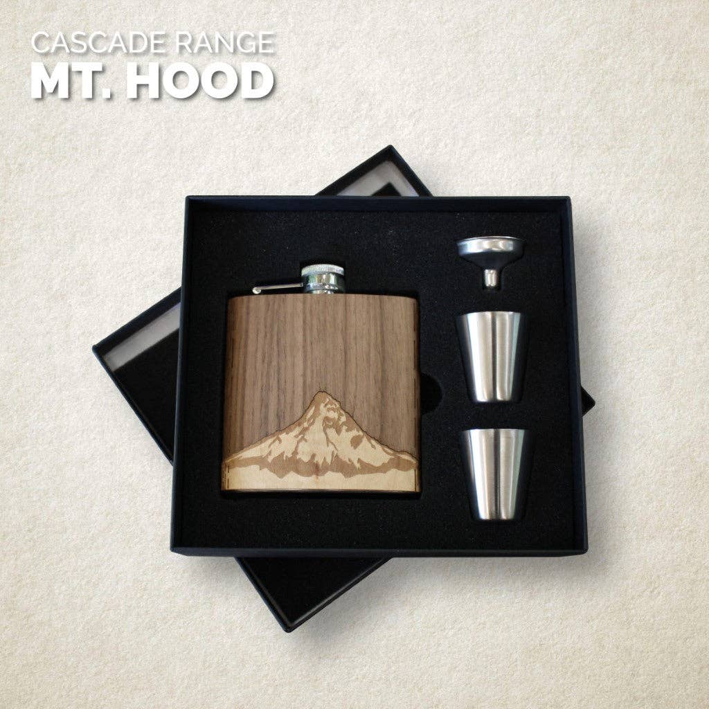 Wooden Hip Flask - Cascade Range (Mt. Hood) Walnut Sky Clean No Engraving With Gift Box & Accessories