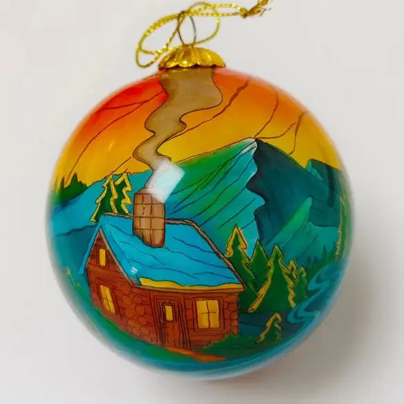 Hand Painted Glass Ornaments Cabin
