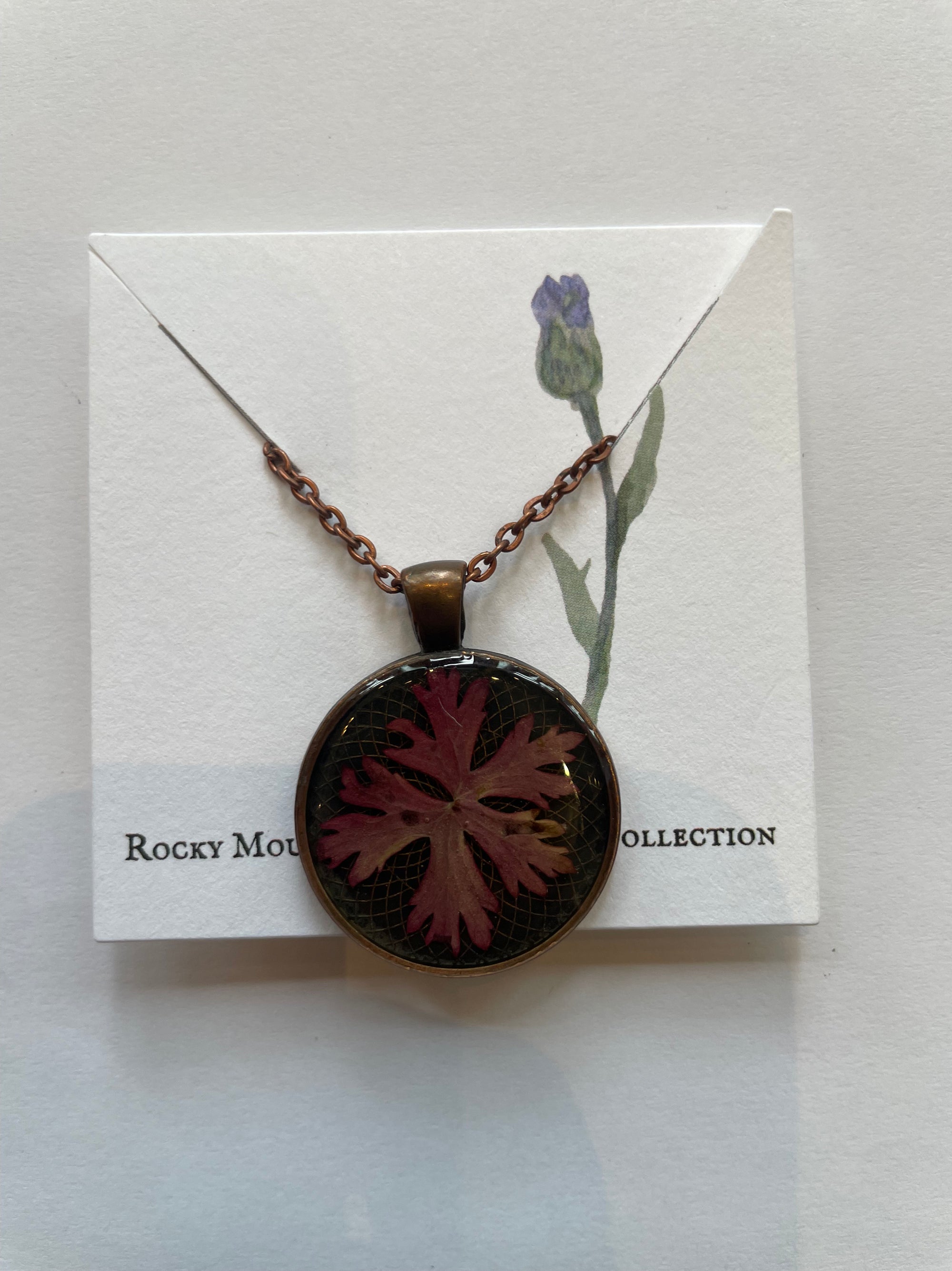 Local Pressed Flower Necklace Red Carolina Cranes-Bill Necklace