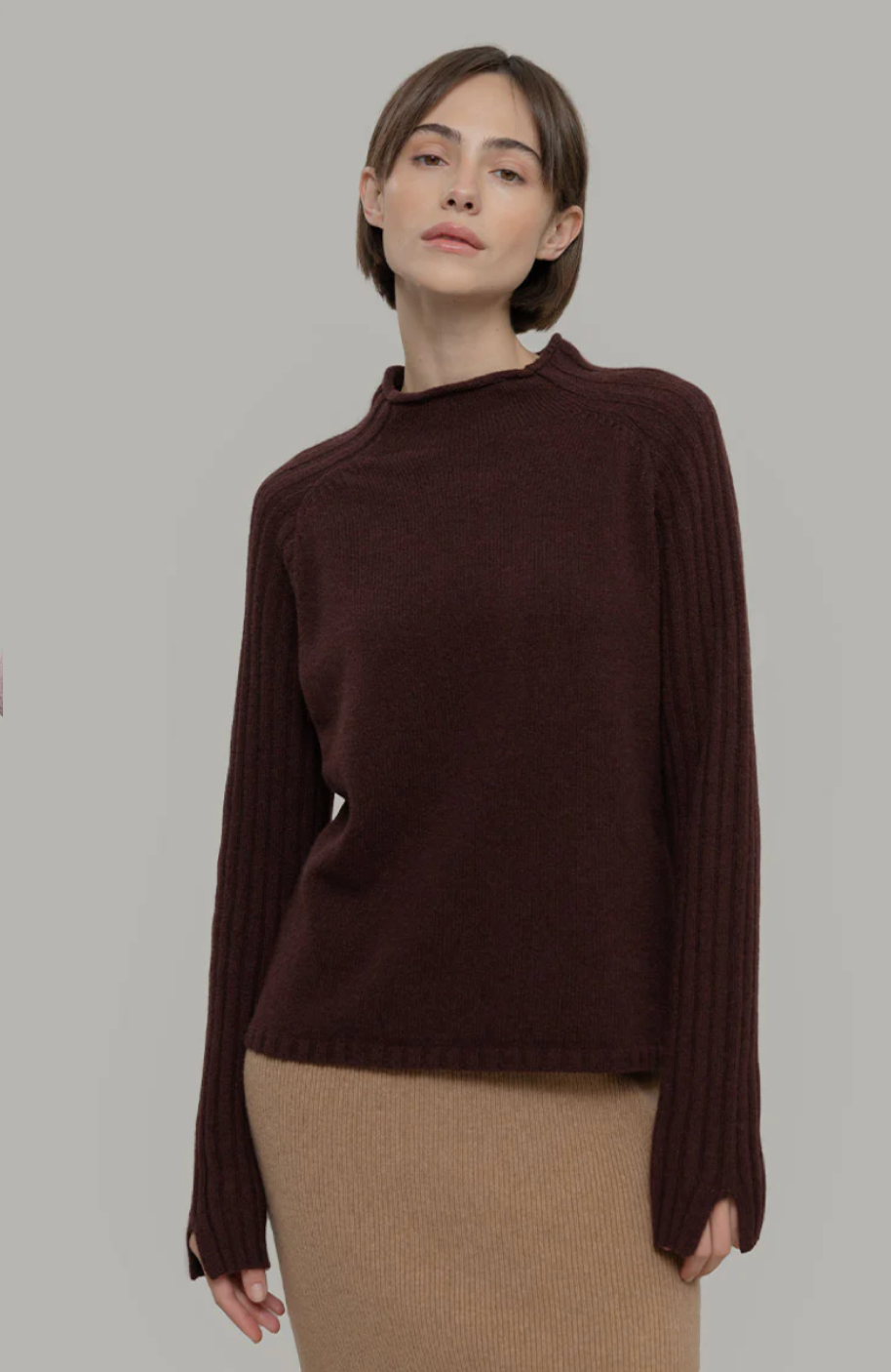Loretta Women's Recycled Cashmere Mock Neck Sweater Coffee Brown