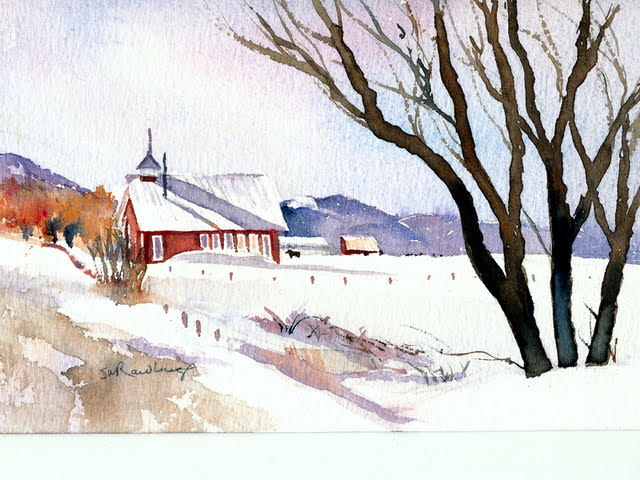 Sally Rawlings Watercolor Notecards Red School House in the Snow