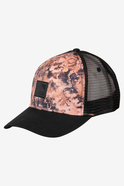 The Every Trail Trucker Hat by Belong Designs is a Black Mountain Brush trucker hat with a curved brim. The front panel showcases a vibrant wavy line design in shades of red, yellow, blue, and white with "BELONG" emblazoned prominently. The back and sides are made of breathable white mesh for added comfort.