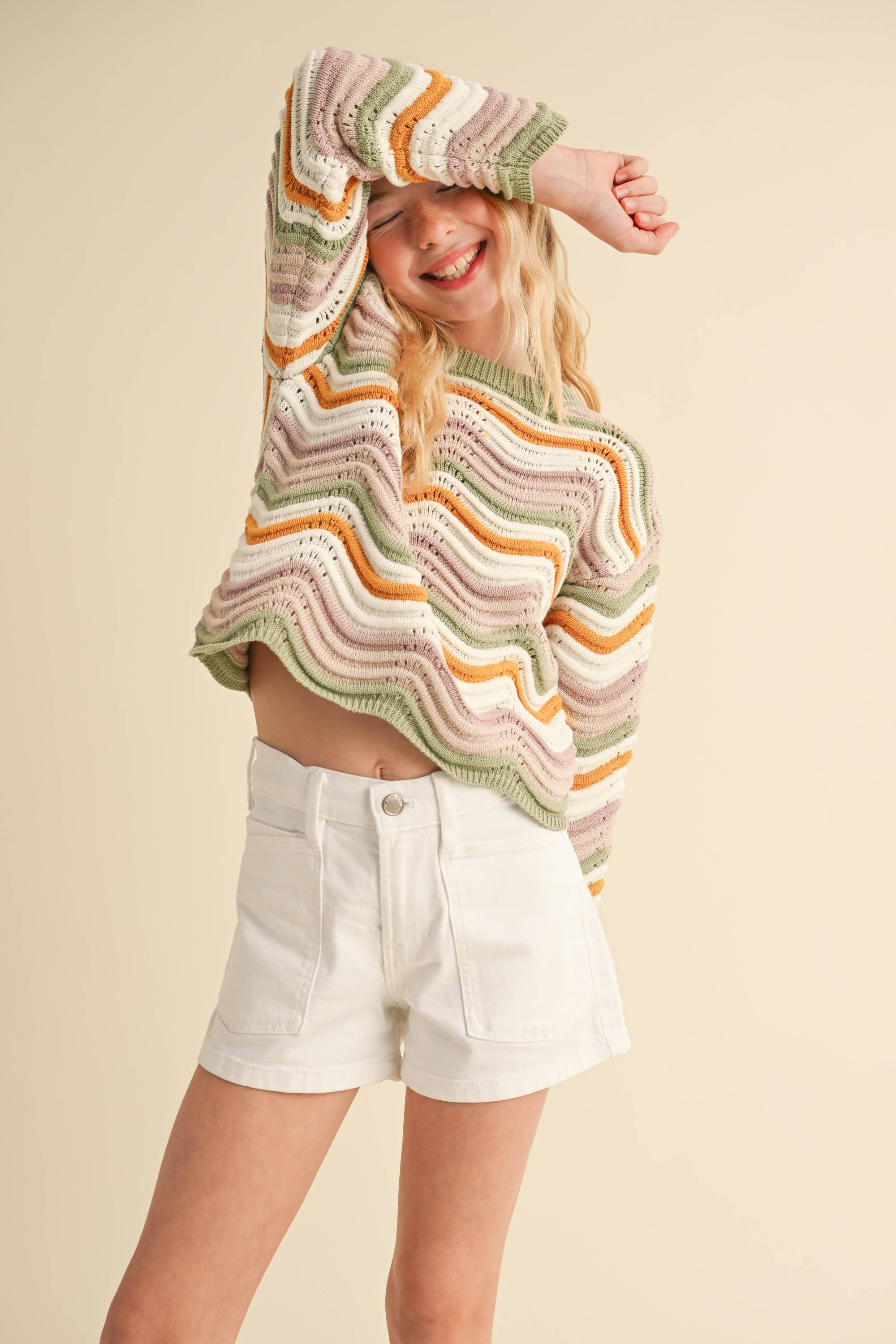 TWEEN GIRLS KIDS CREW NECK WAVY RIB KNIT PULL OVER (7-14)