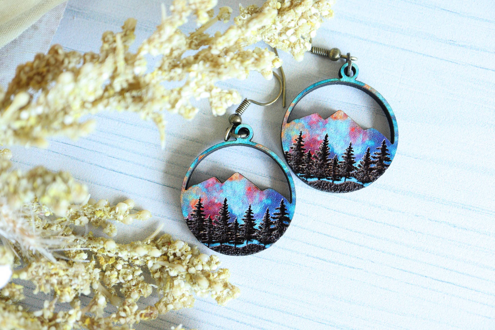 Wanderlust Sunset Mountain Wooden Stud Dangle Earrings
