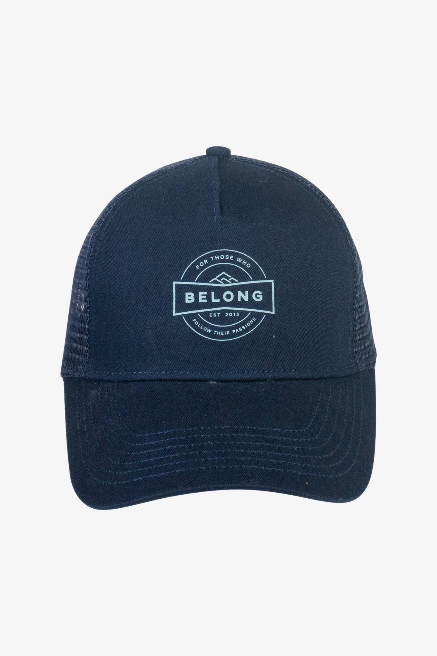 The Every Trail Trucker Hat by Belong Designs is a Black Mountain Brush trucker hat with a curved brim. The front panel showcases a vibrant wavy line design in shades of red, yellow, blue, and white with "BELONG" emblazoned prominently. The back and sides are made of breathable white mesh for added comfort.