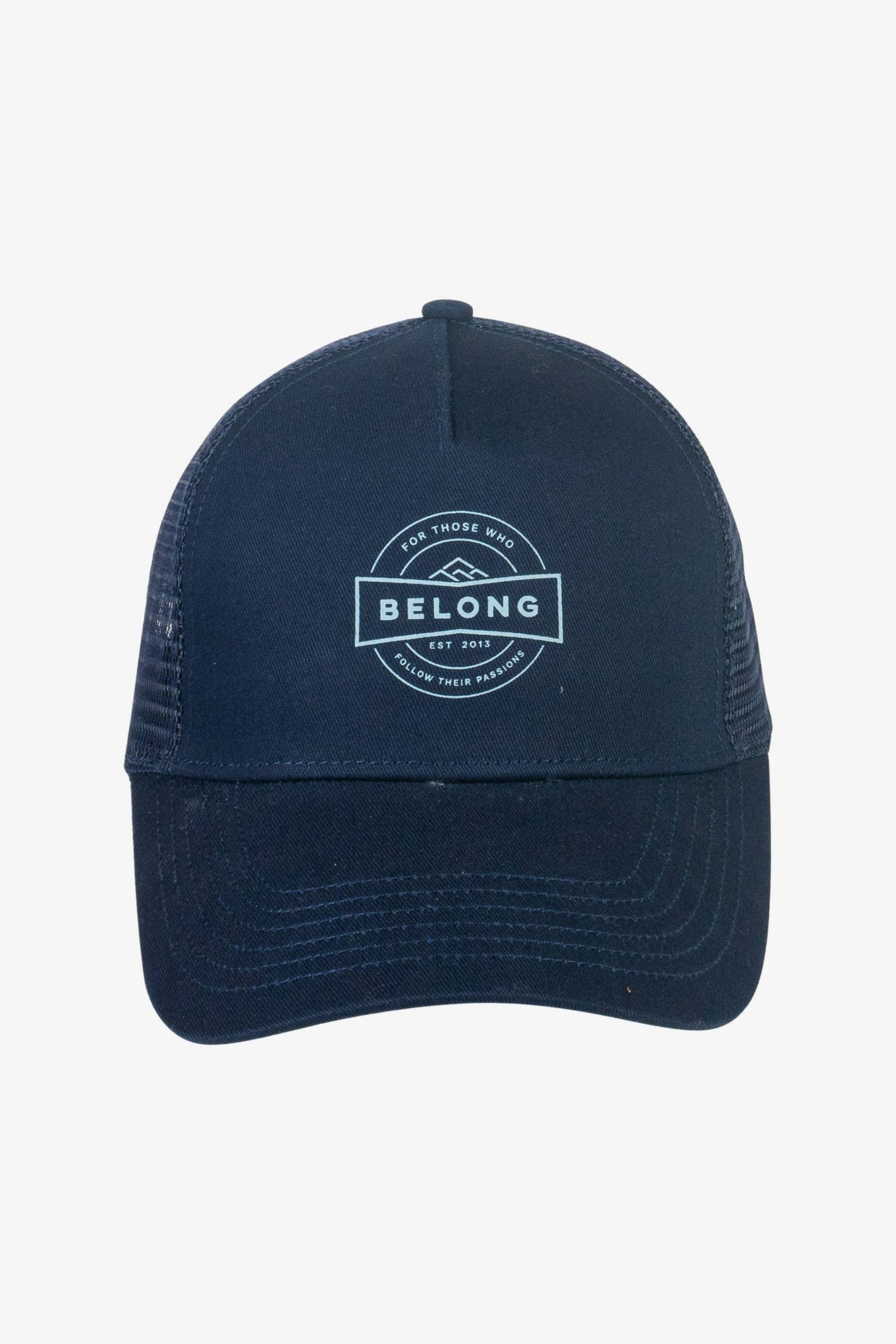 The Every Trail Trucker Hat by Belong Designs is a Black Mountain Brush trucker hat with a curved brim. The front panel showcases a vibrant wavy line design in shades of red, yellow, blue, and white with "BELONG" emblazoned prominently. The back and sides are made of breathable white mesh for added comfort.