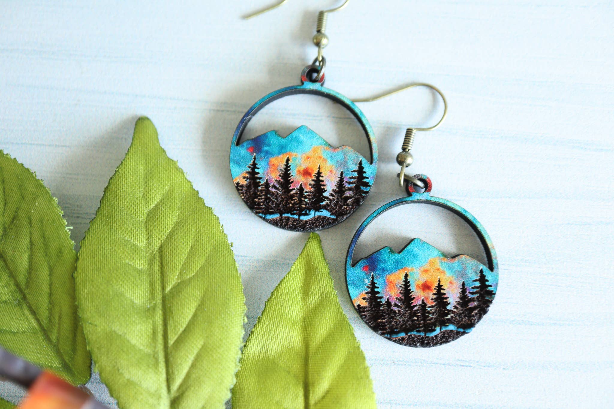 Ember Sunset Mountain Wood Dangle Earrings
