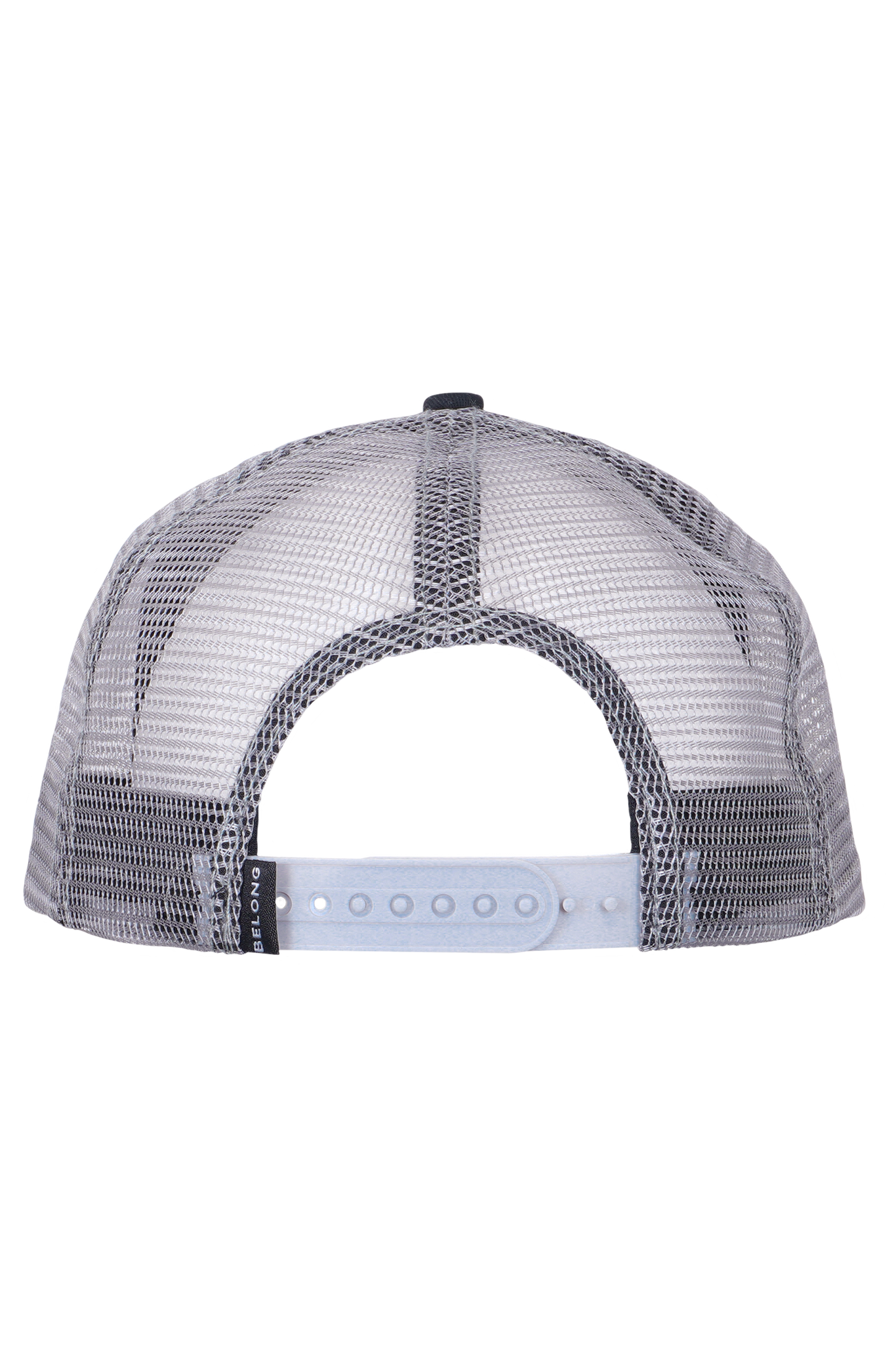 The Every Trail Trucker Hat by Belong Designs is a Black Mountain Brush trucker hat with a curved brim. The front panel showcases a vibrant wavy line design in shades of red, yellow, blue, and white with "BELONG" emblazoned prominently. The back and sides are made of breathable white mesh for added comfort.