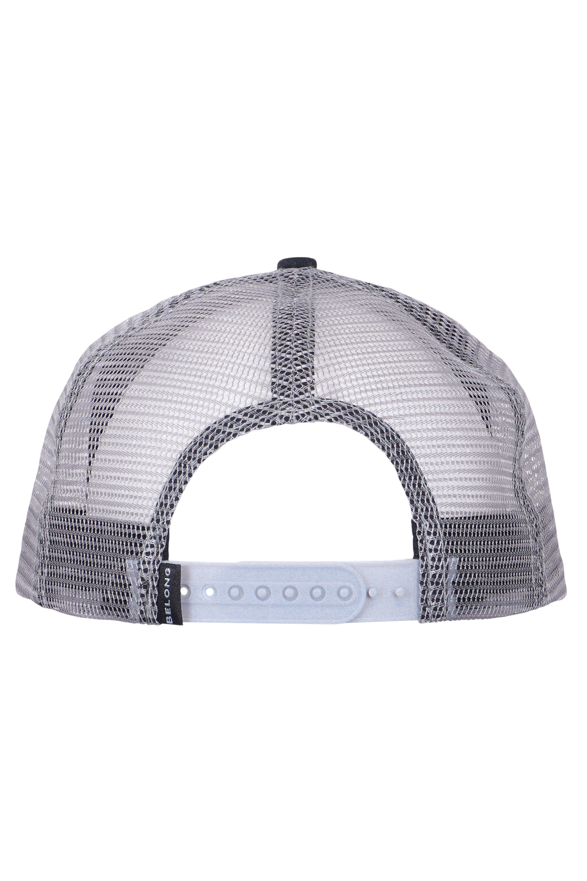 The Every Trail Trucker Hat by Belong Designs is a Black Mountain Brush trucker hat with a curved brim. The front panel showcases a vibrant wavy line design in shades of red, yellow, blue, and white with "BELONG" emblazoned prominently. The back and sides are made of breathable white mesh for added comfort.