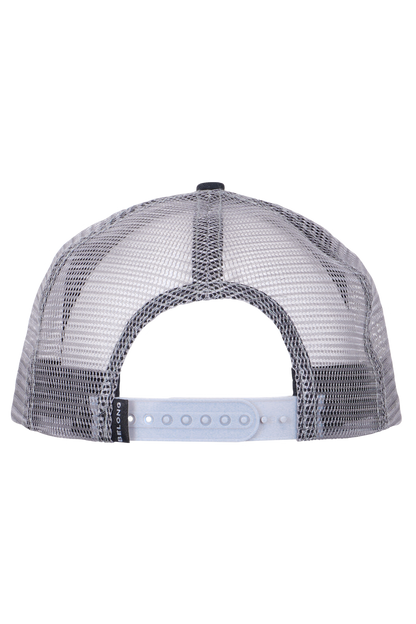 The Every Trail Trucker Hat by Belong Designs is a Black Mountain Brush trucker hat with a curved brim. The front panel showcases a vibrant wavy line design in shades of red, yellow, blue, and white with "BELONG" emblazoned prominently. The back and sides are made of breathable white mesh for added comfort.