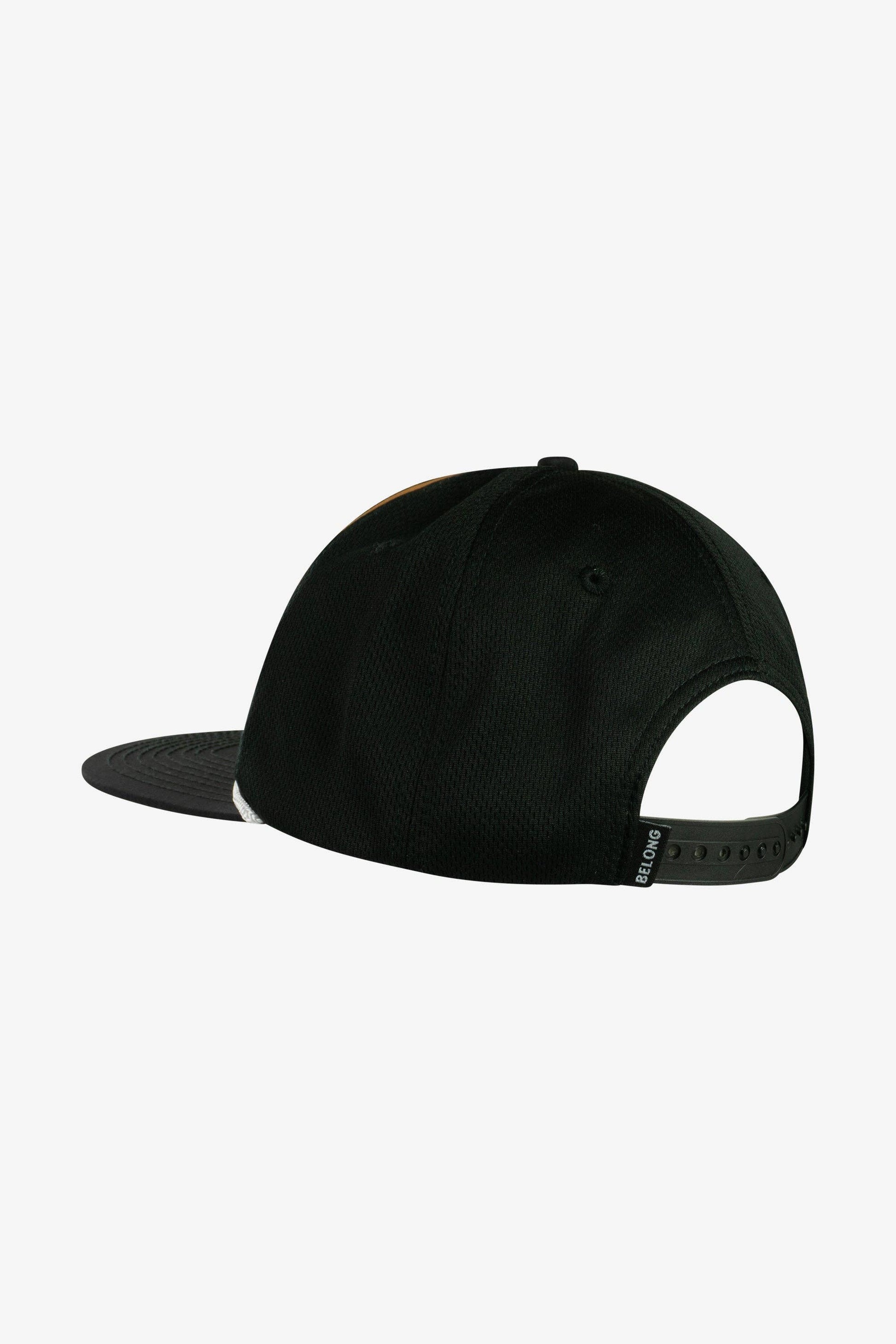 The Every Trail Trucker Hat by Belong Designs is a Black Mountain Brush trucker hat with a curved brim. The front panel showcases a vibrant wavy line design in shades of red, yellow, blue, and white with "BELONG" emblazoned prominently. The back and sides are made of breathable white mesh for added comfort.