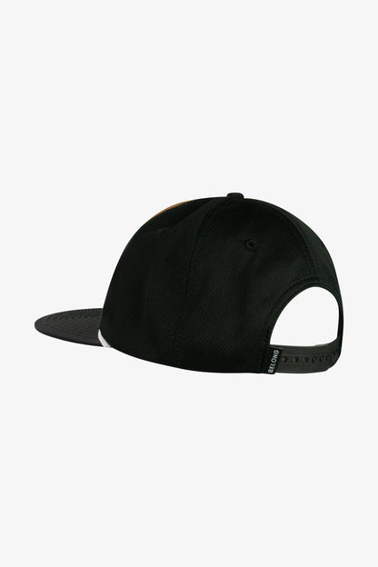 The Every Trail Trucker Hat by Belong Designs is a Black Mountain Brush trucker hat with a curved brim. The front panel showcases a vibrant wavy line design in shades of red, yellow, blue, and white with "BELONG" emblazoned prominently. The back and sides are made of breathable white mesh for added comfort.