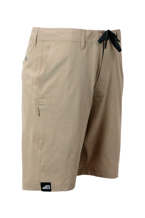 Introducing the Men's 10" Rocky Mountain Board Shorts by Belong Designs: a pair of gray knee-length shorts crafted from Venterrex material for quick dry technology. These shorts feature a subtle texture, a black drawstring on the waistband, side pockets, and a small black logo tag with white "MB" letters on the front left hem.