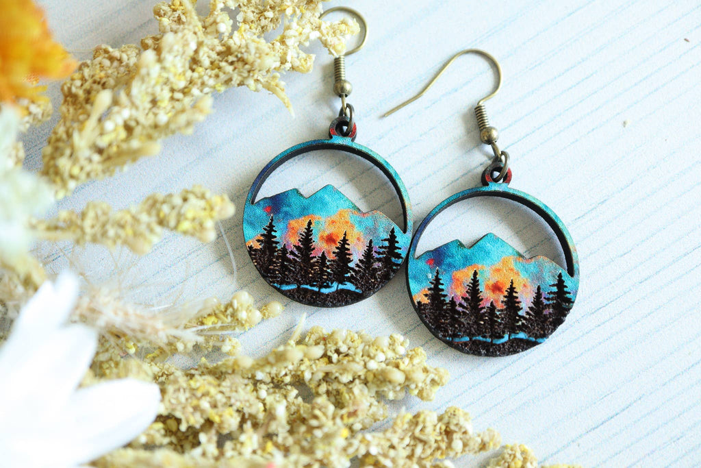 Ember Sunset Mountain Wood Dangle Earrings